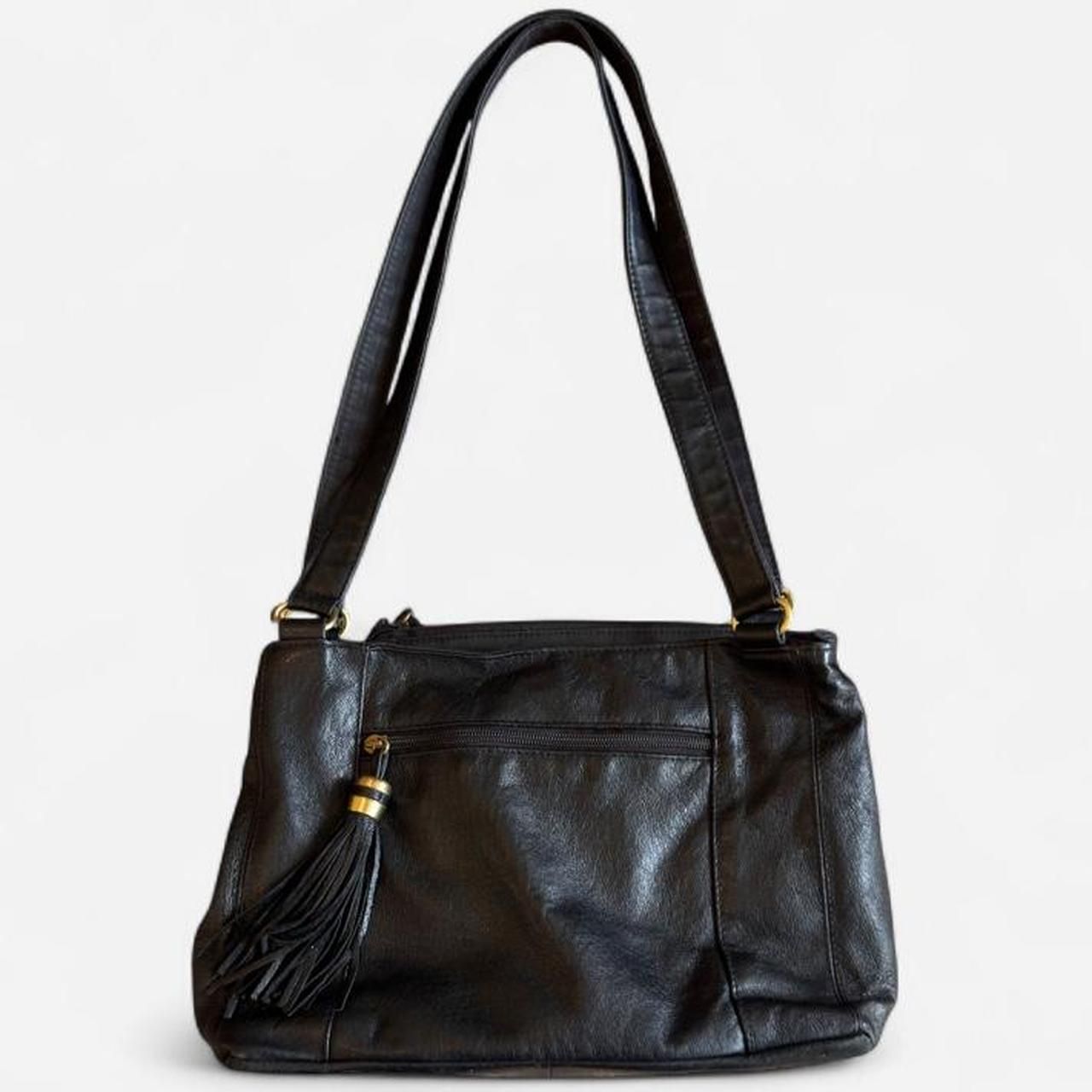 St John’s Bay Black Leather Handbag With Gold Hardware And Tassel Detail